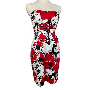Snap Women's Size 3 Red Black White Dress Floral Strapless Pleated Sash RN 76392